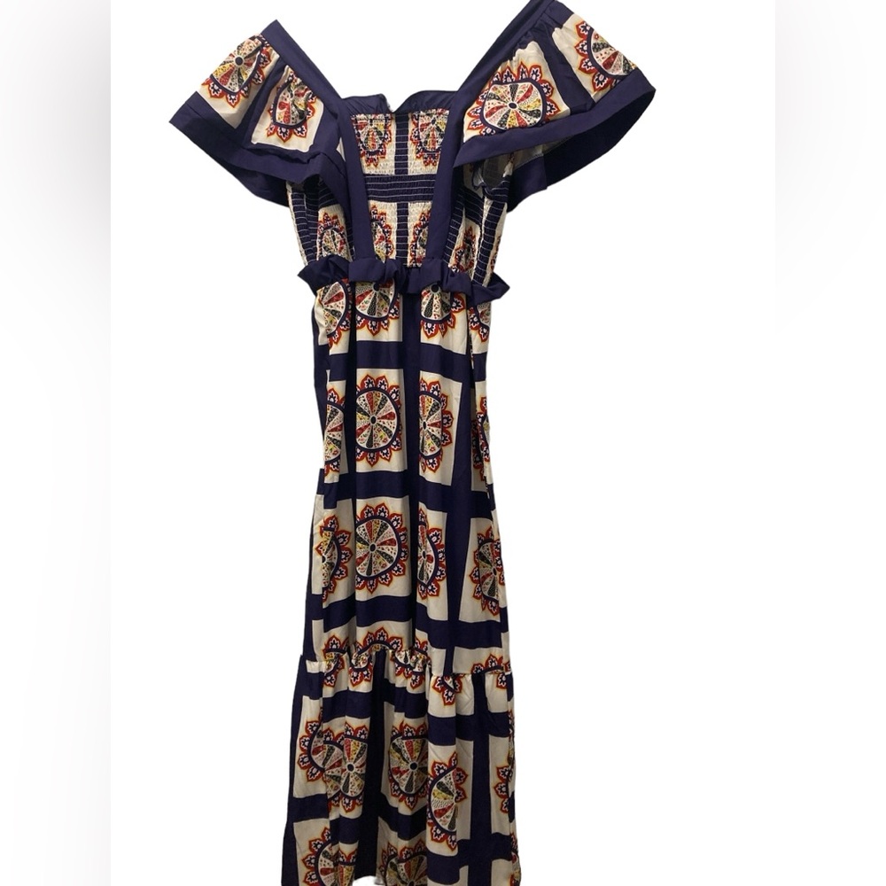 Gorgeous Pinwheel Print Dress-Blue, Yellow, Red- size Large- Unbranded